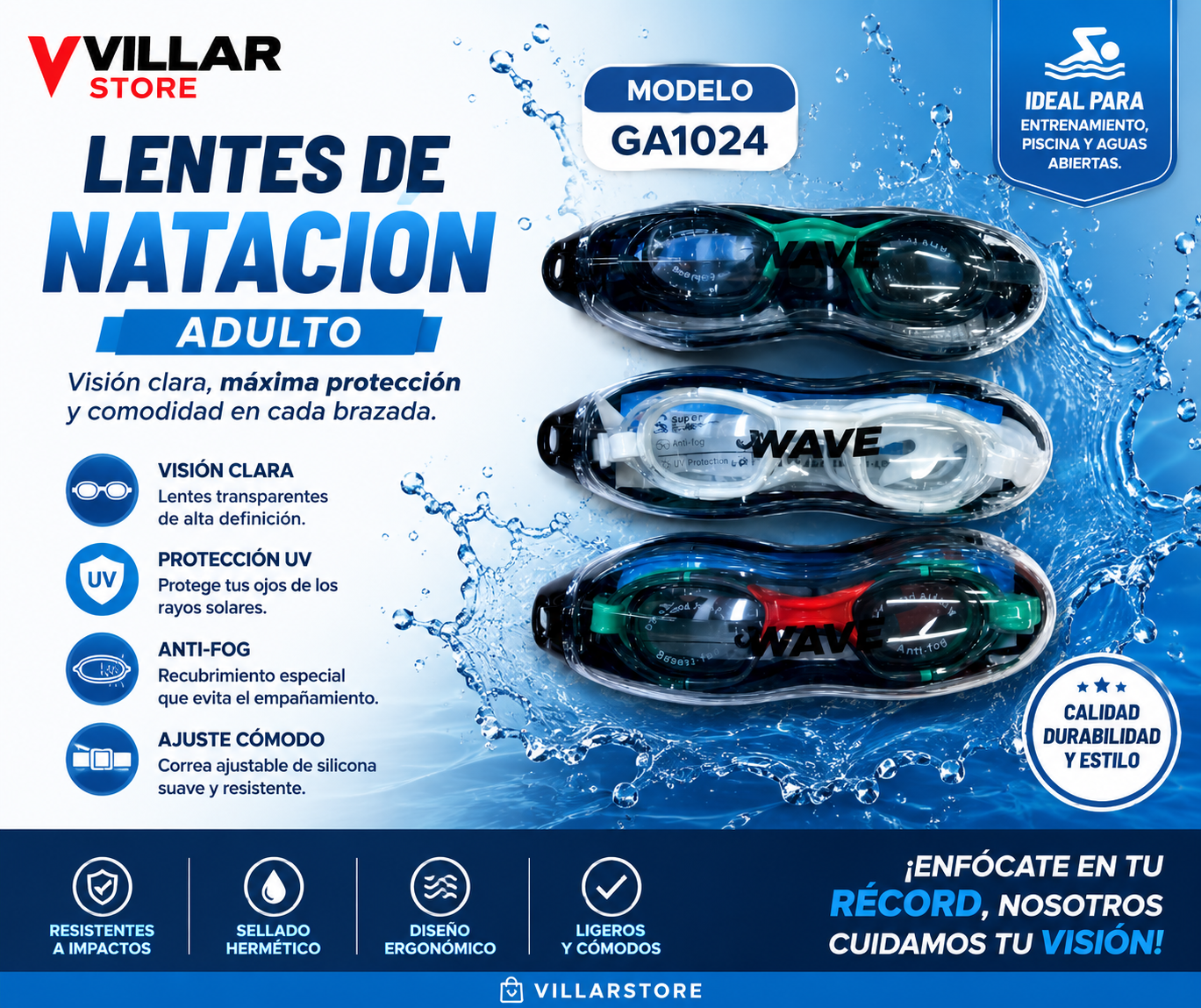 👓 Lentes de Natación Adulto GA1024 – Protección UV y Anti-Fog