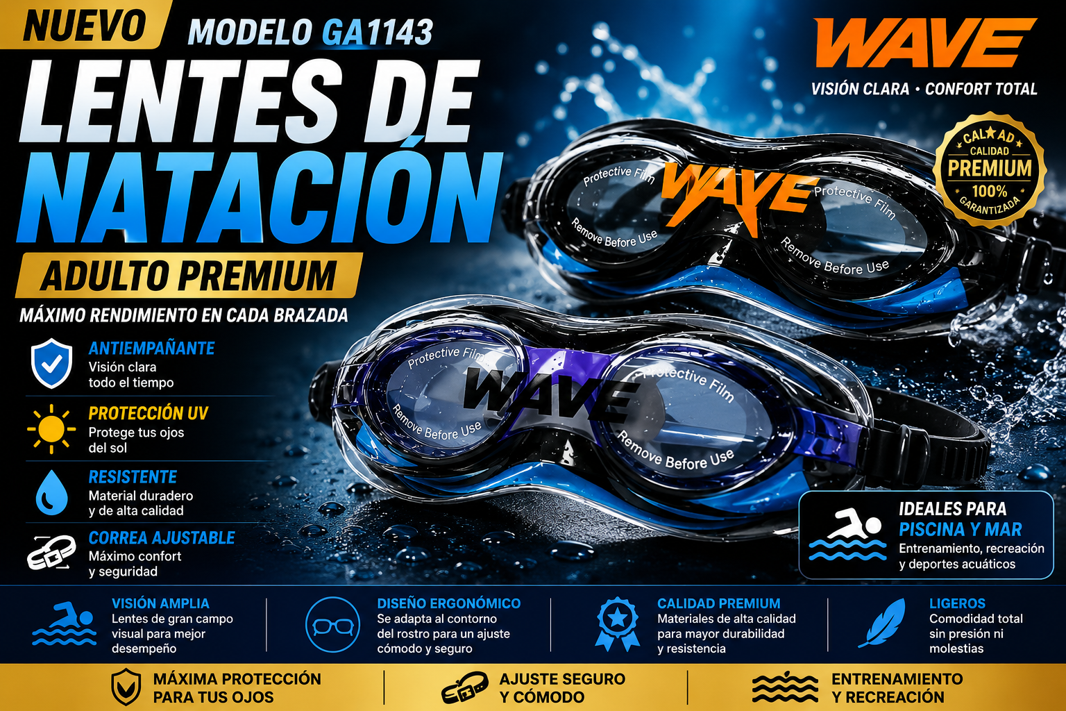 🏊‍♂️ Lentes de Natación WAVE GA1143 Adulto Premium