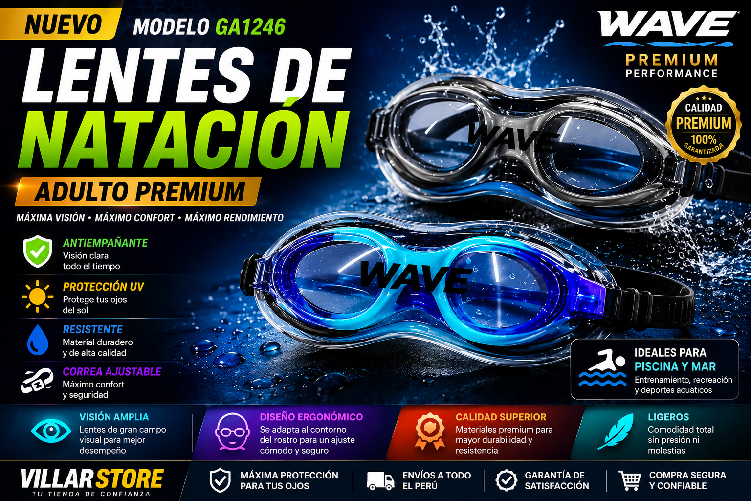 🏊‍♂️ Lentes de Natación WAVE GA1246 Adulto Premium