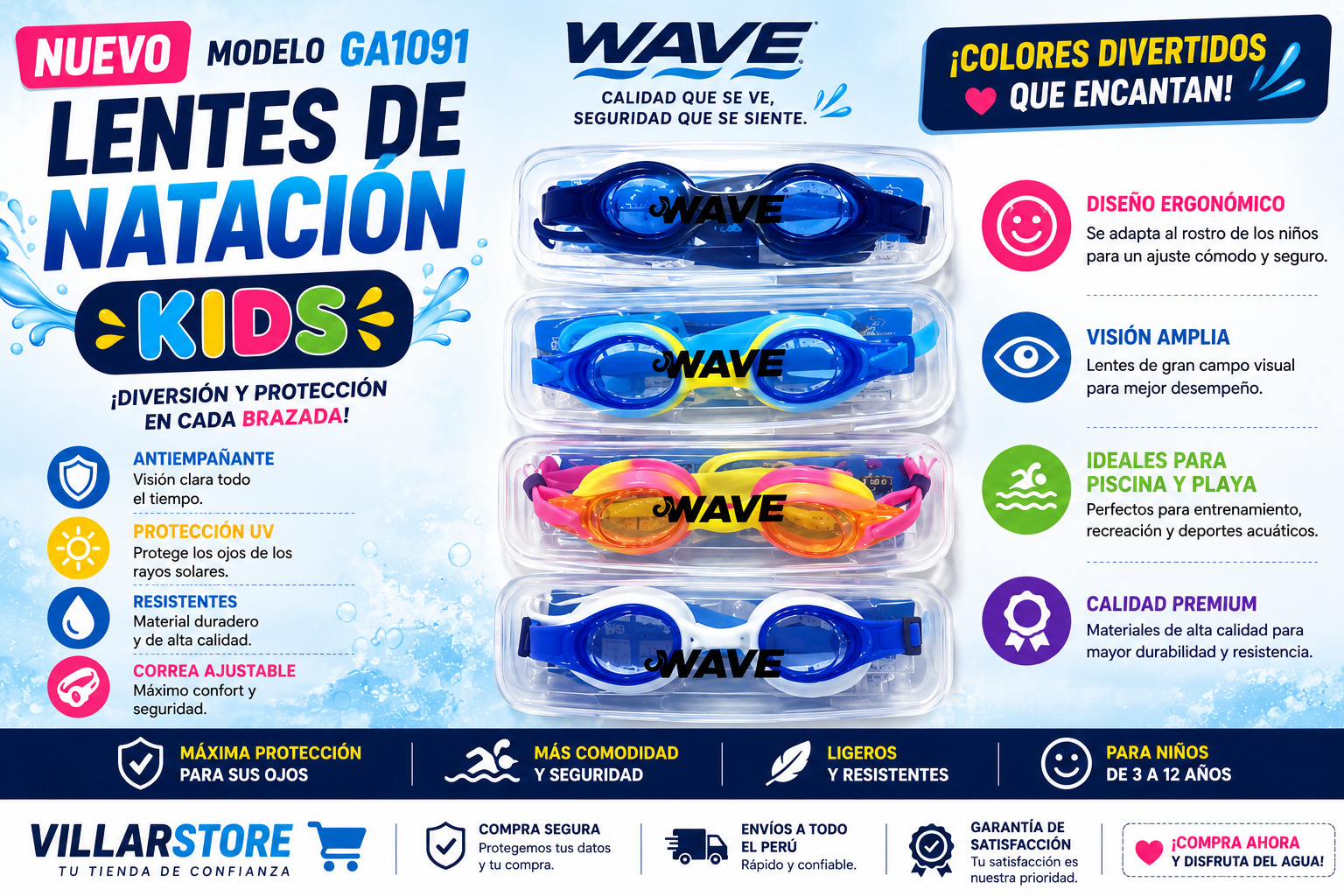 🏊‍♂️ Lentes de Natación WAVE Kids GA1091