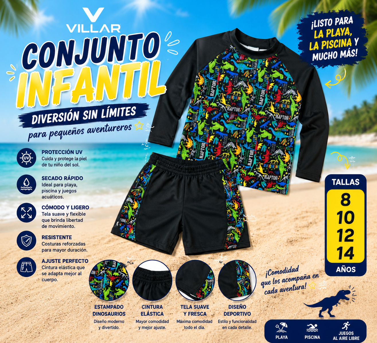 🐬 Conjunto Infantil de Playa – Diseño Dinosaurios 🦖