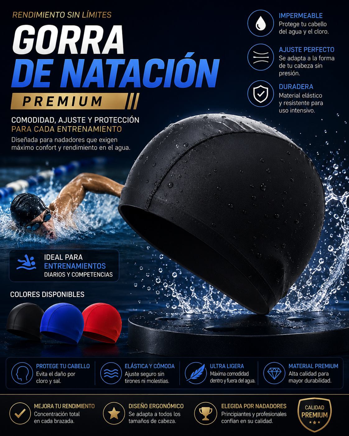🏊 Gorra de Natación en Tela Licra Premium